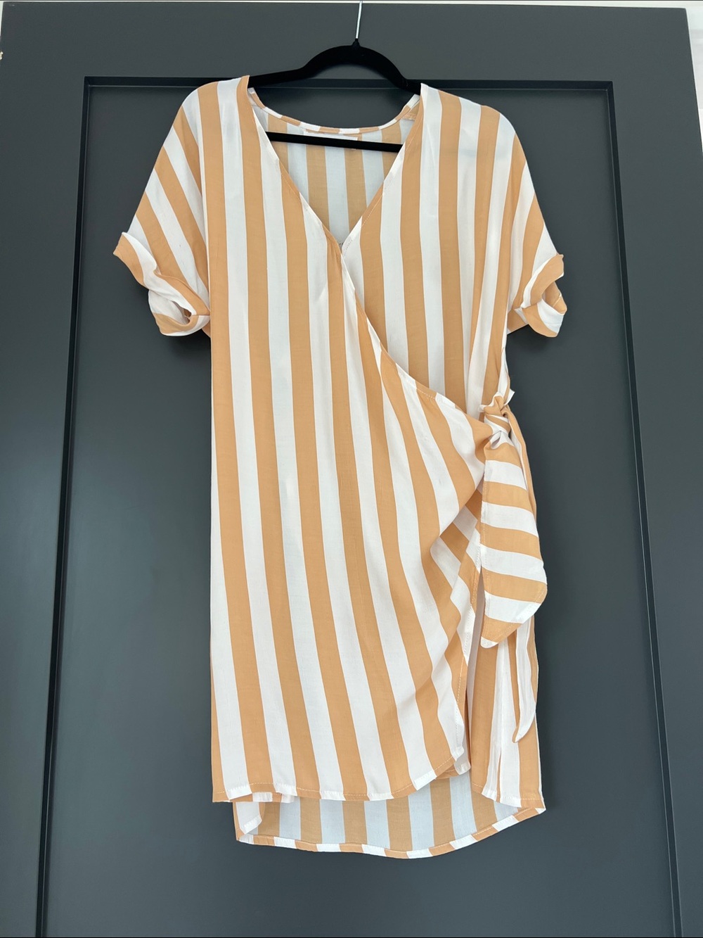 Faithfull the Brand Striped Wrap Dress in White and Camel